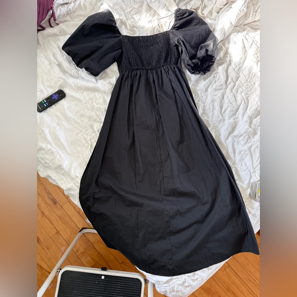 Luna Allegra Made in Italy Black Puff Sleeve Smocked Midi Dress Small